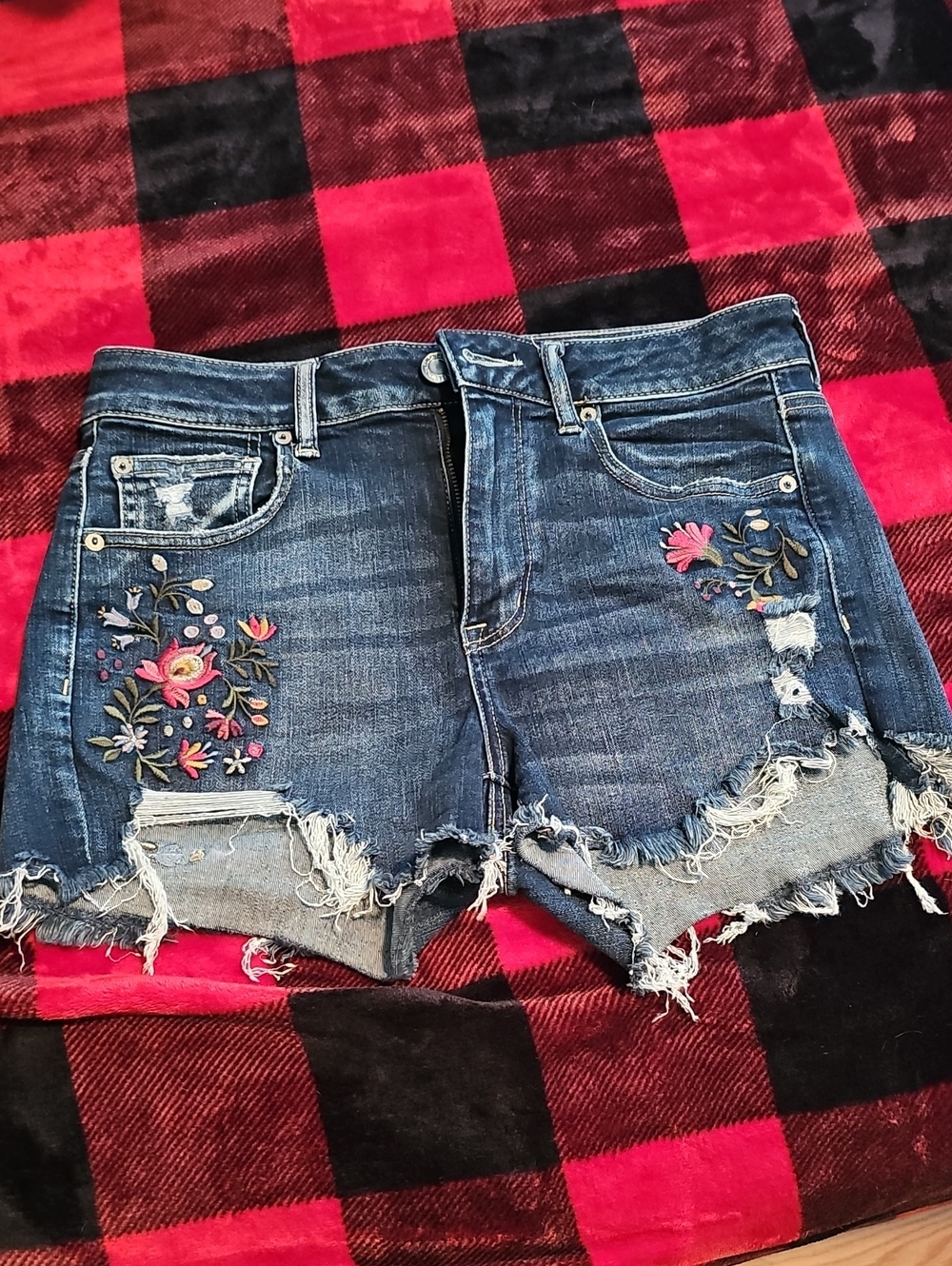 American Eagle Outfitters Blue Embroidered Distressed Jean Shorts